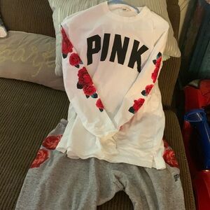Victoria’s Secret/ PINK Grey Sweats @ White long sleeve top. W/Roses